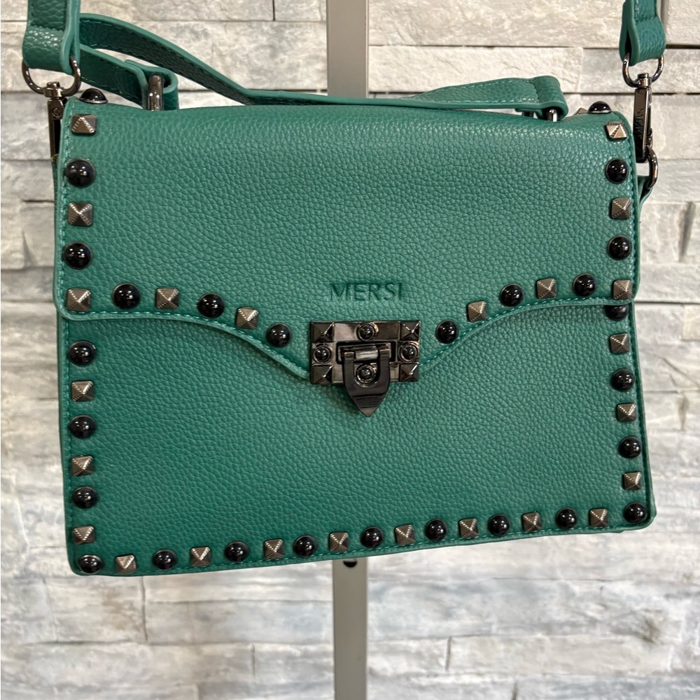 MERSI Teal Pebbled Leather Studded Crossbody Bag - Picture 1 of 10